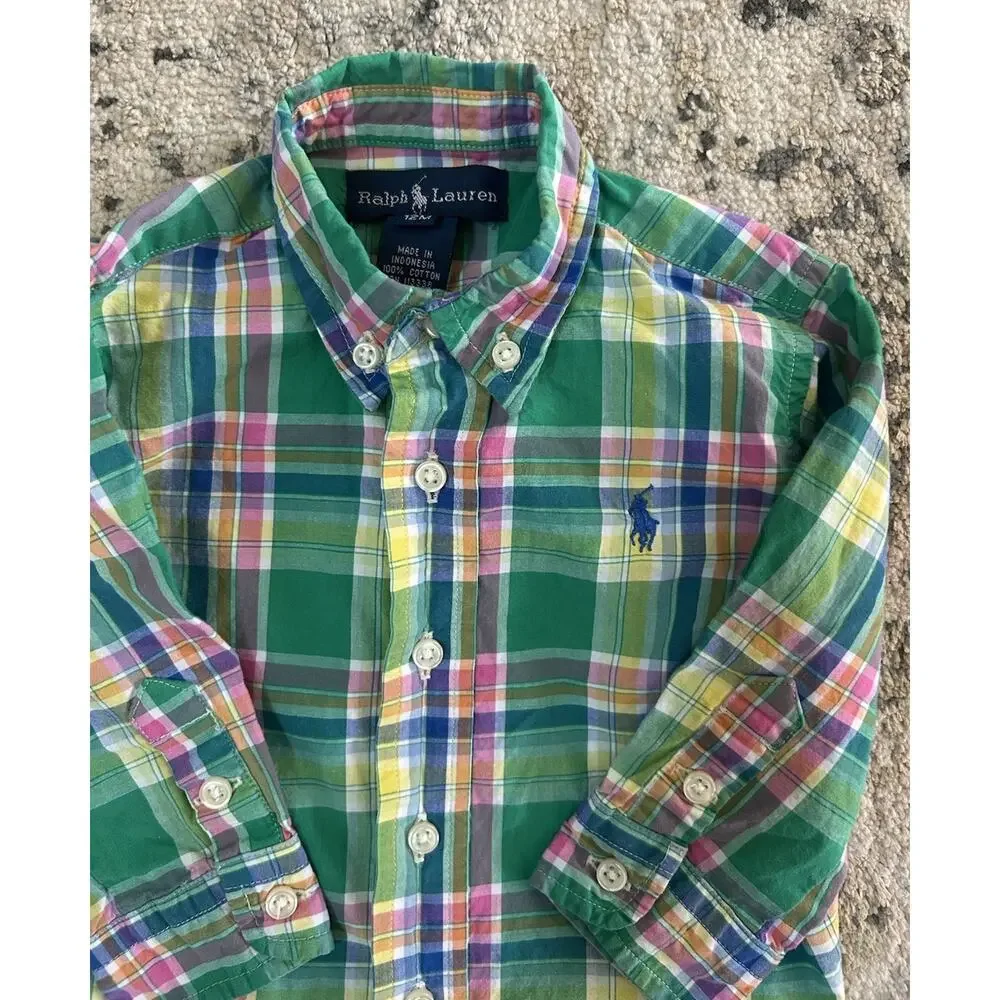 Ralph Lauren Baby Boy 12 Month Cotton Long Sleeve Button Up Shirt Green Plaid